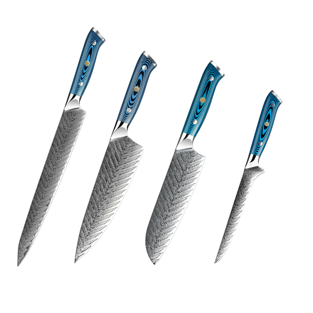 Unique Knife Set 73-Layer Damascus Steel & Blue Handle H242 - Hikari