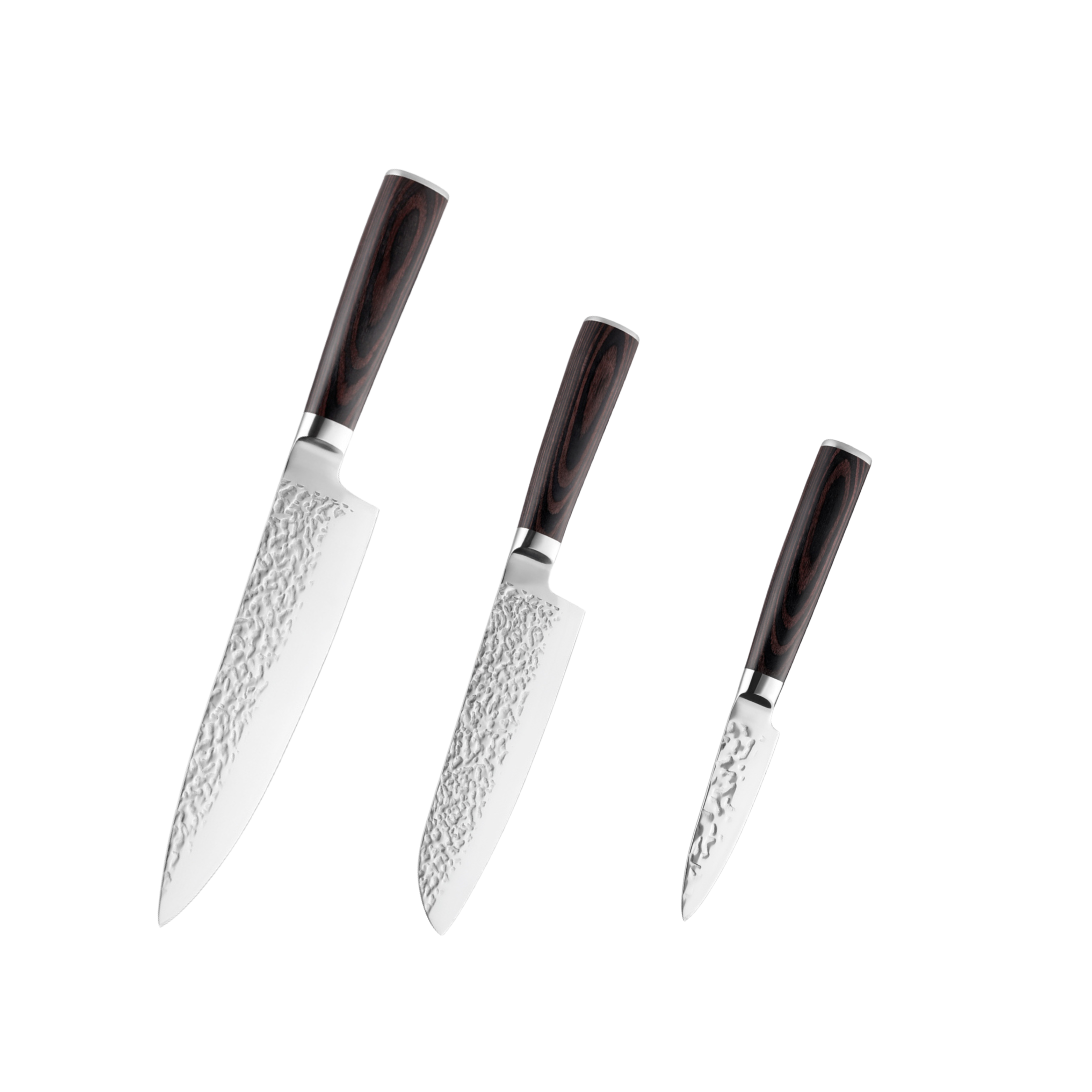 Zestaw noży Hikari z młotkowanej stali nierdzewnej – nóż szefa kuchni, Mini Santoku i nóż do obierania H332