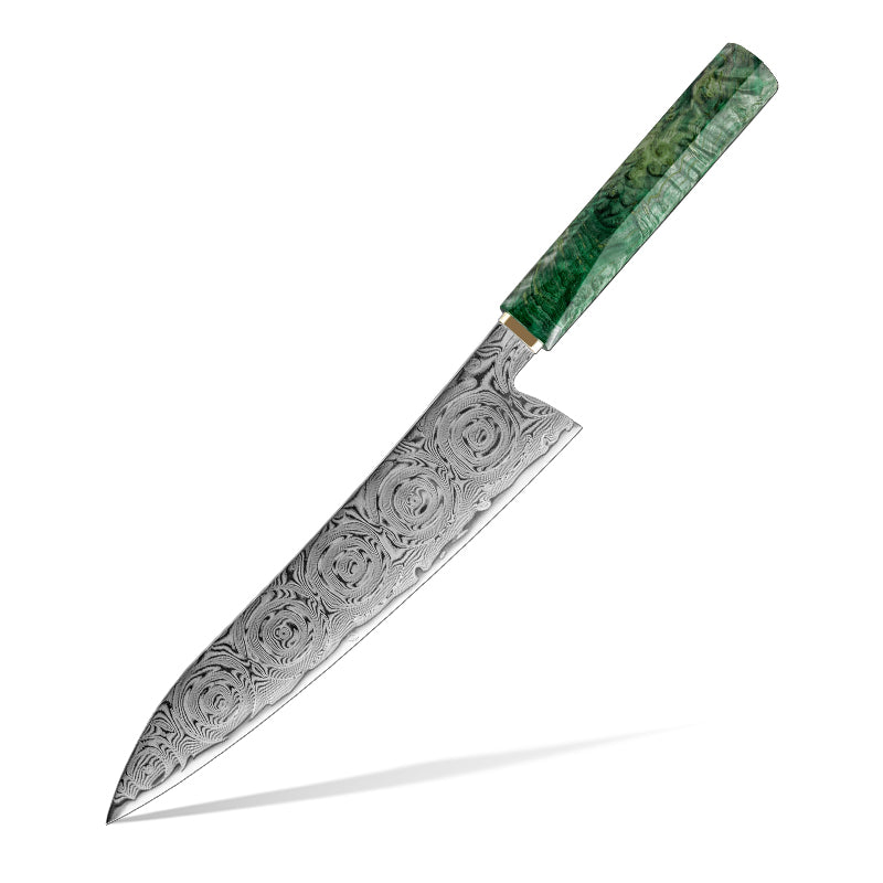 Decorative chef's knife with a green handle and ROSE DAMASCUS PATTERN blade on a white background