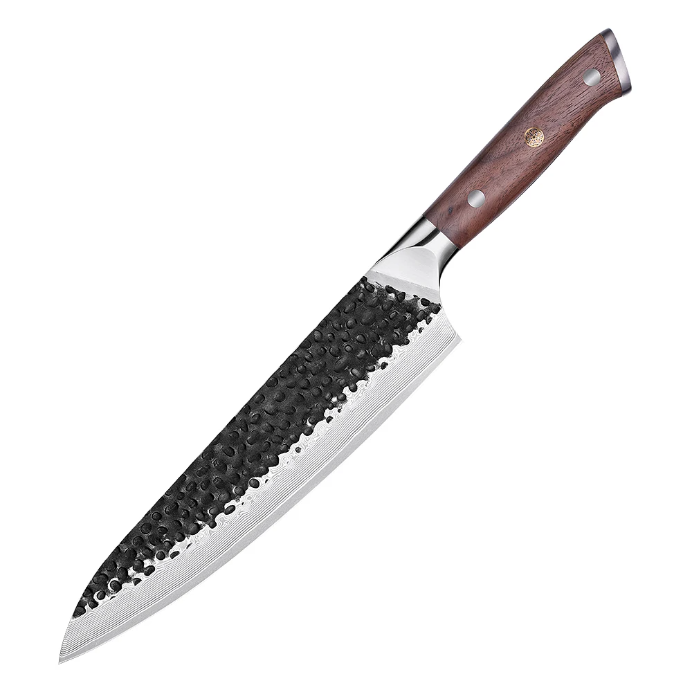 Kitchen Knife, Hikari - Japanese Style Premium Hammered Damascus Culinary Knife, Walnut Handle - Hikari