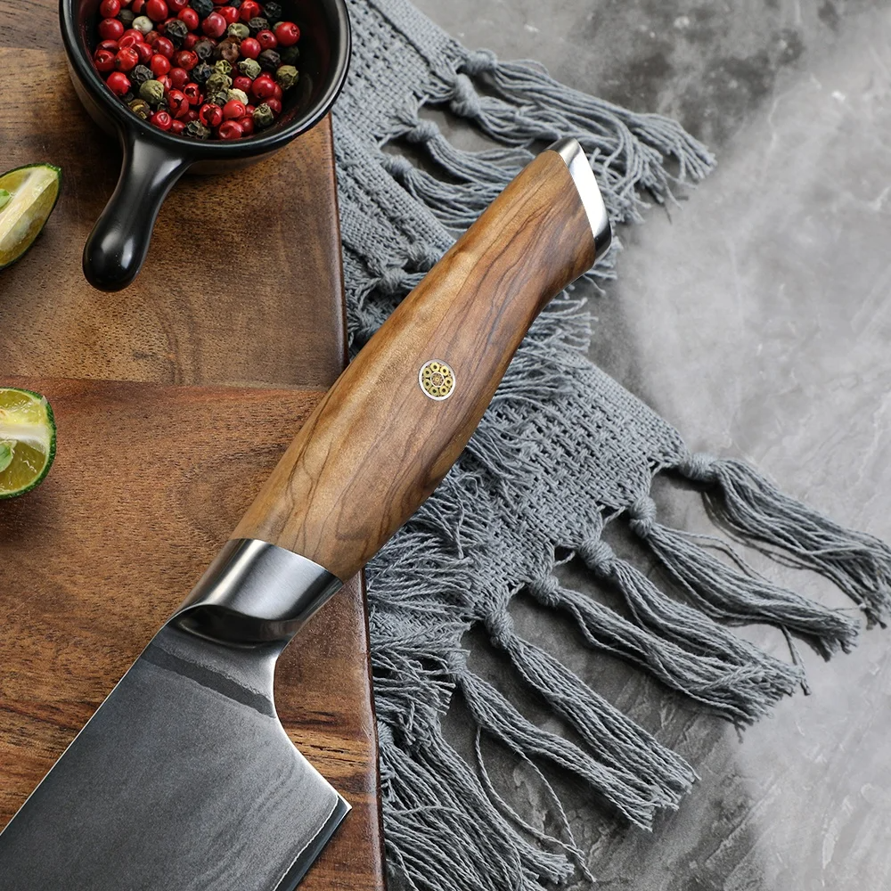 Chef Knife for Precision Slicing with VG -10 Sandblasted Blade and Natural Olive Wood Handle - Hikari