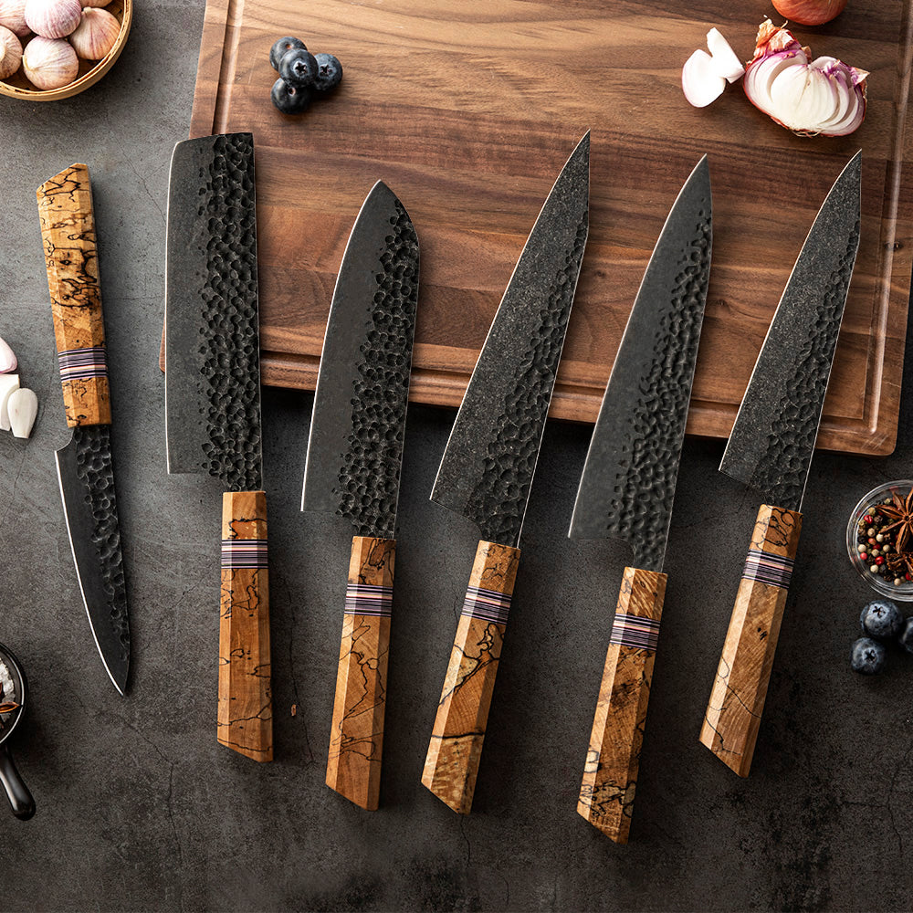 Professional Knife Collection, Hikari Knife - High Carbon Steel Kitchen Knife sharp and precise cutting Hammered Finish and Maple Handle - Hikari
