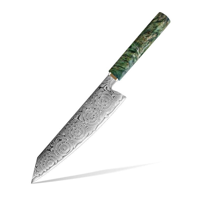 Decorative kiritsuke knife with ROSE DAMASCUS PATTERN blade and green handle on a white background