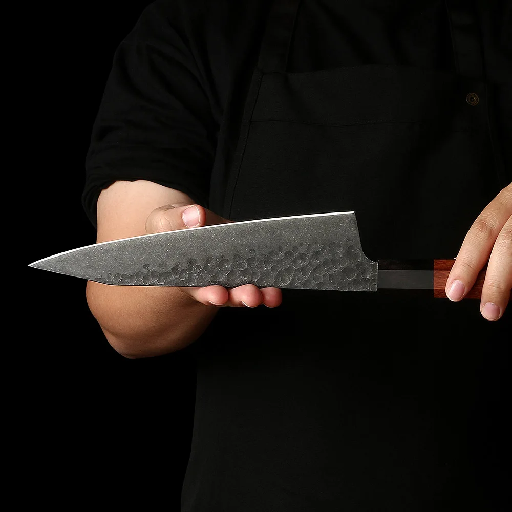 Dicing and Slicing Kiritsuke Knife – Hammered Carbon Steel Blade with Mahogany Wood Handle 19cm - Hikari