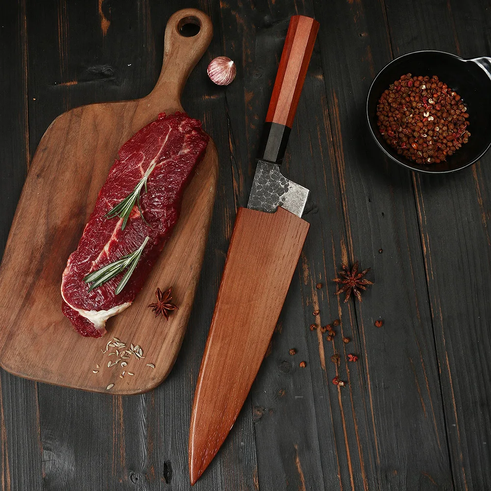 Dicing and Slicing Kiritsuke Knife – Hammered Carbon Steel Blade with Mahogany Wood Handle 19cm - Hikari