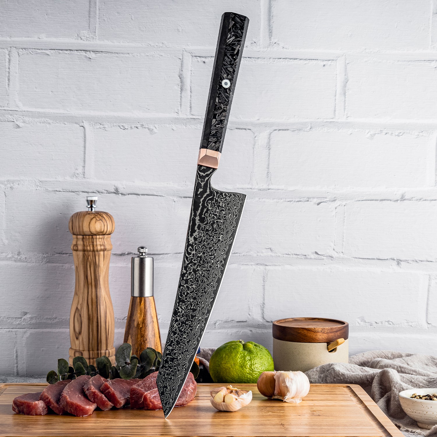 Decorative chef's knife on a wooden cutting board with ingredients and a white brick wall background