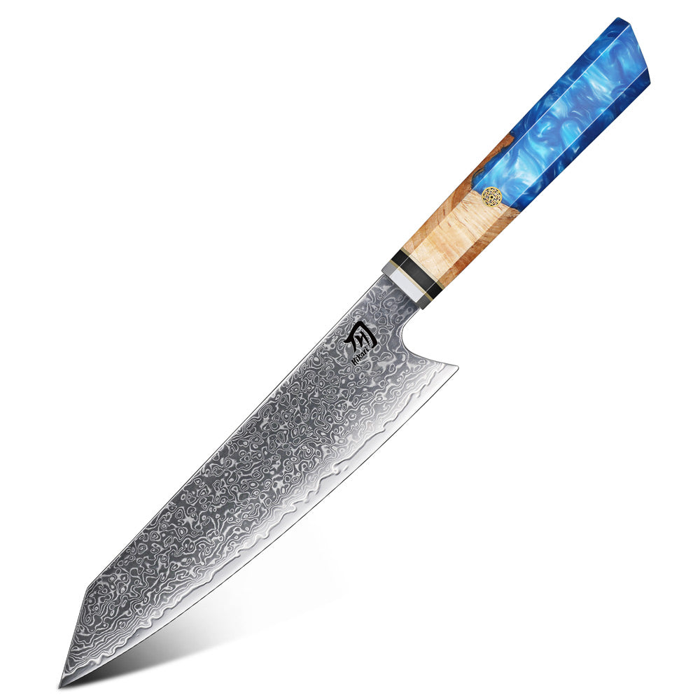 Chef's knife with a blue handle on a white background