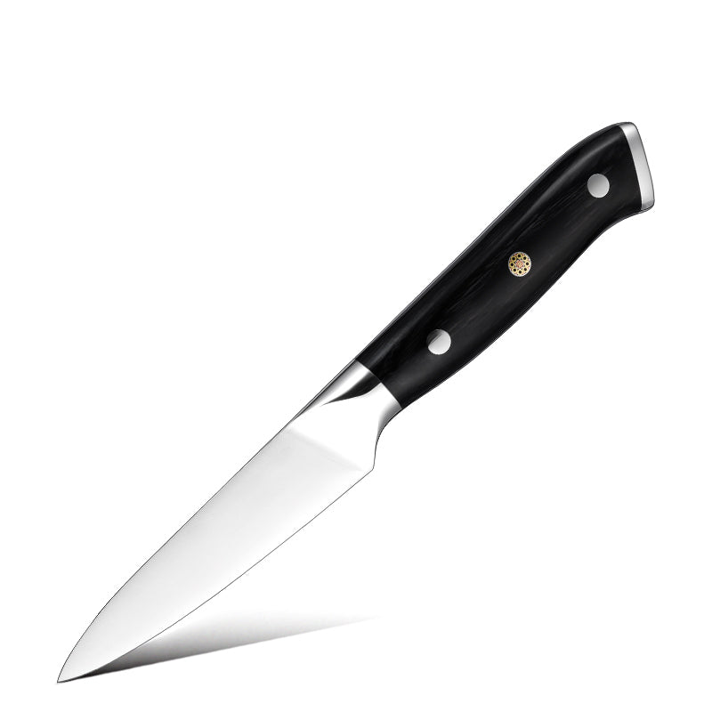 German steel hikari small knife with a black handle on a white background