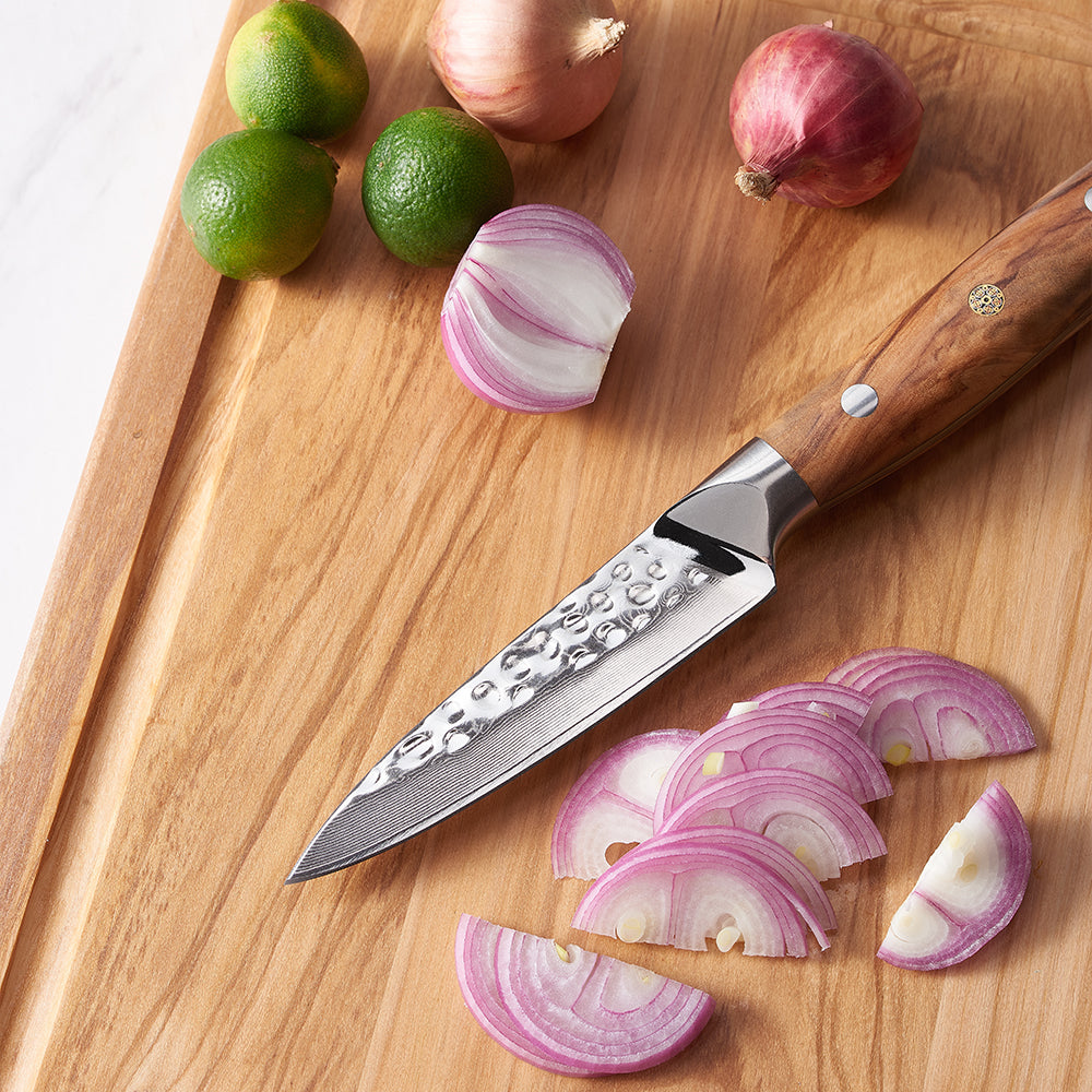 Professional Small Knife, Hikari – Damascus Blade with Olive Wood Handle for Precision Fruit Peeling - Hikari