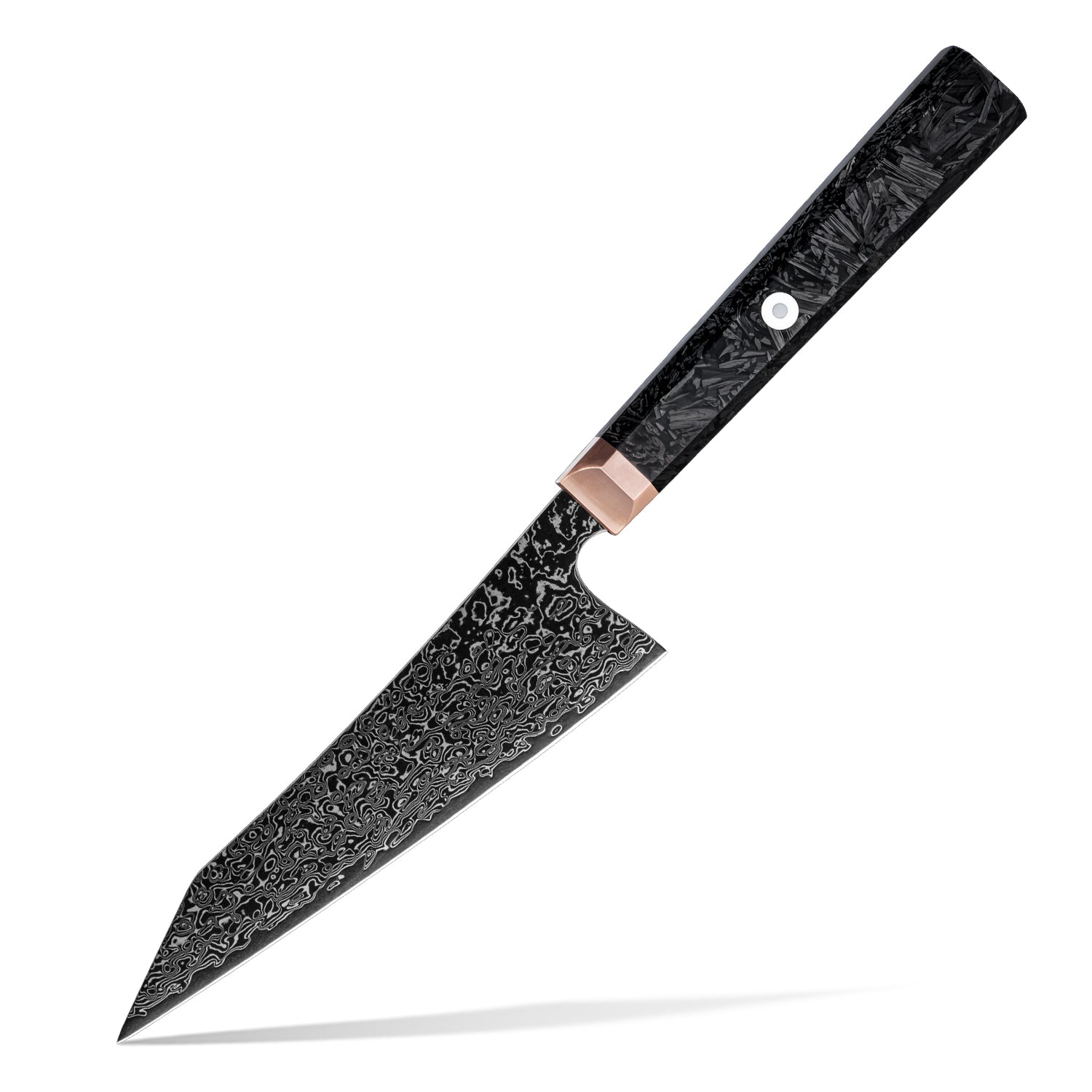 Decorative petty kitchen knife with a black handle on a white background
