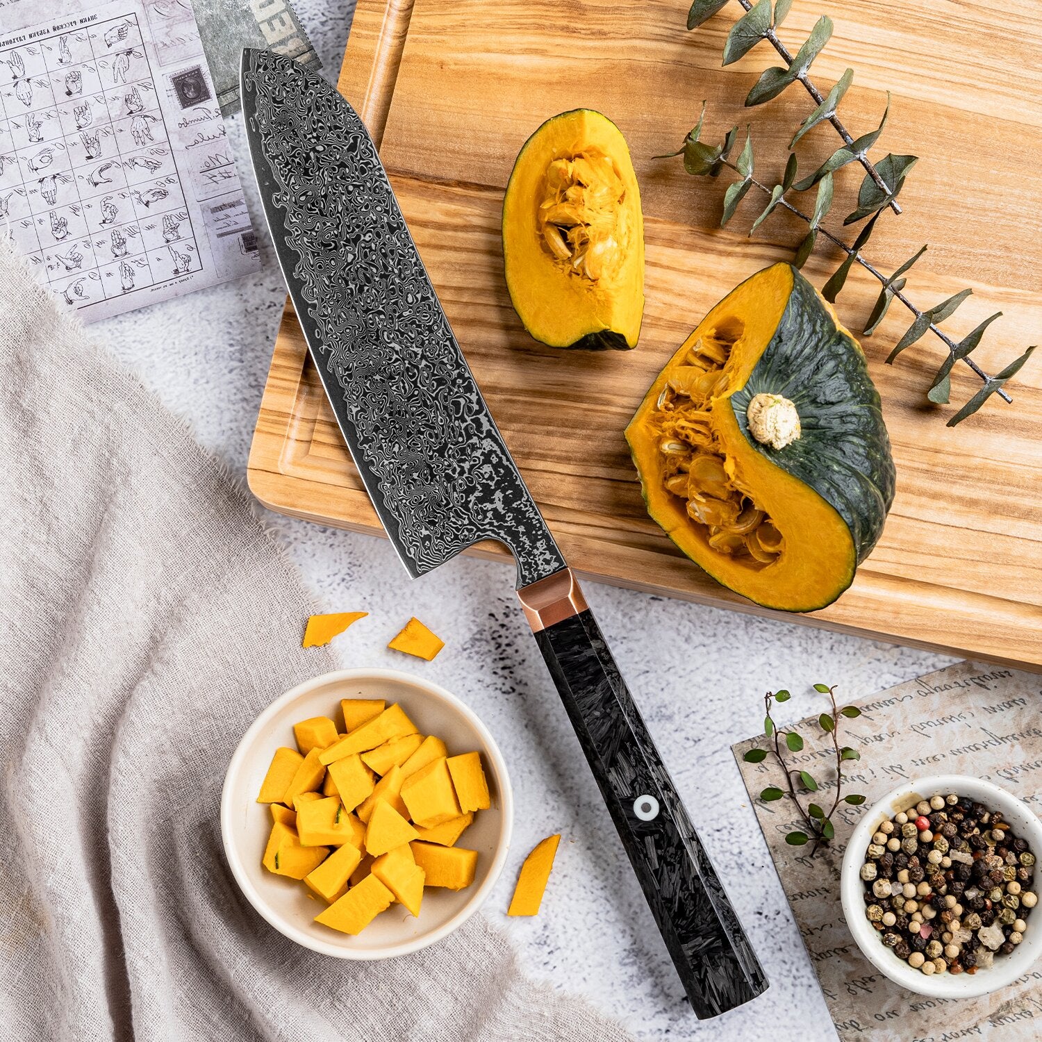 Kitchen Knife on a cutting board with sliced squash and ingredients on a light surface, all purpose knife