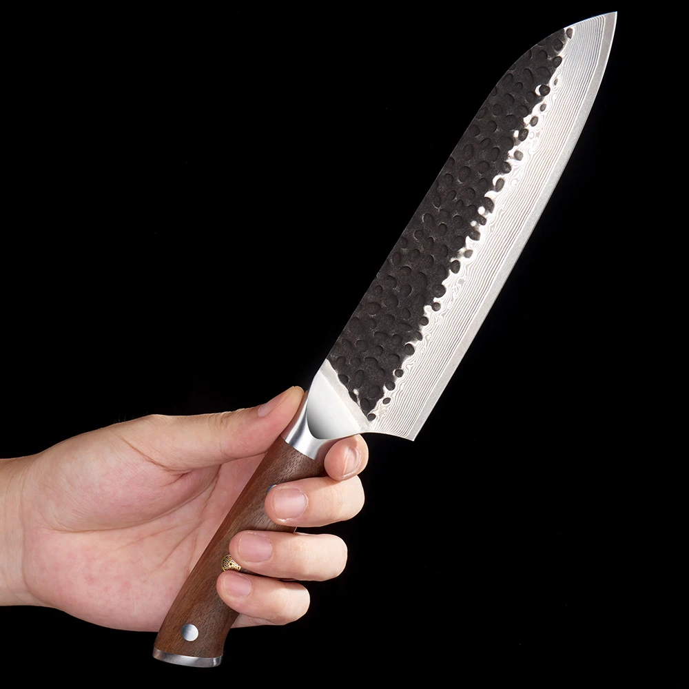 All-Purpose Kitchen Knife / Santoku – Damascus VG-10 Blade, Walnut Handle for Meat and Vegetables - Hikari