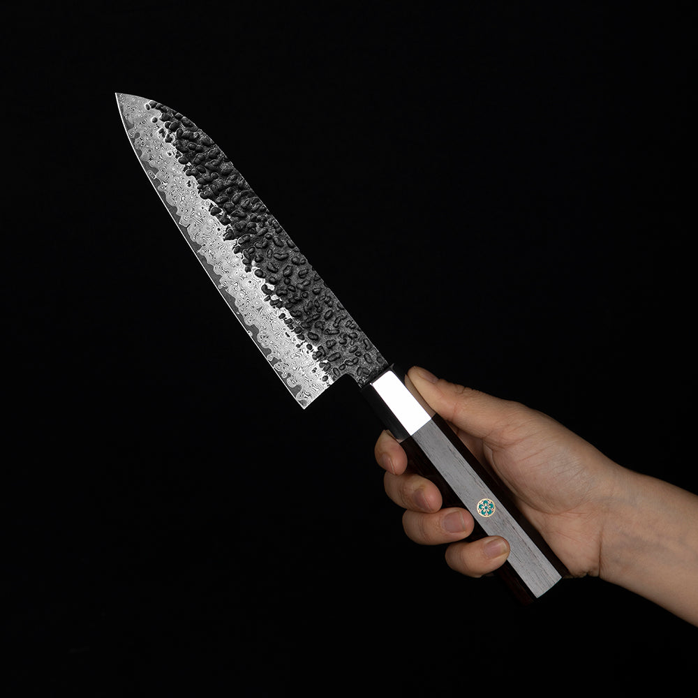 Profesjonalny nóż Santoku, Hikari – ostrze ze stali damasceńskiej, rękojeść z hebanu, nóż wielofunkcyjny