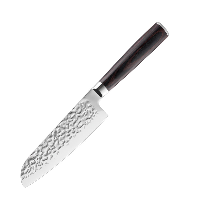 Hikari Knife Small Santoku Japanese Knife with a textured blade and wooden handle on a white background