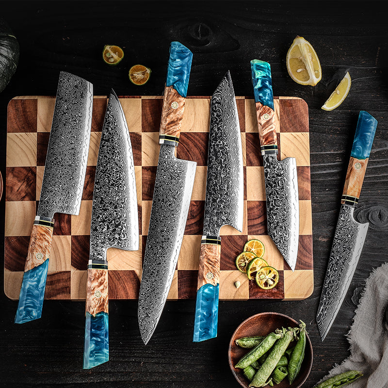 Damascus Steel with Blue Resin and Solidified Wood Handle