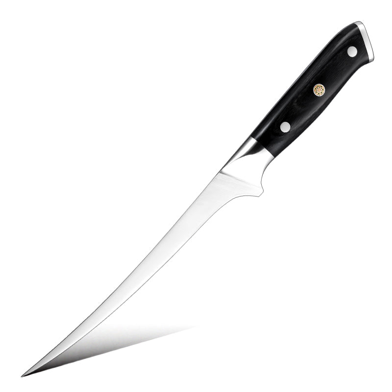 Boning german steel blade Hikari knife with black handle on a white background
