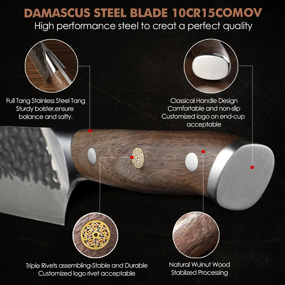 Bread VG-10 Kurouchi Hammered Damascus Premium Walnut Handle 20cm - Hikari