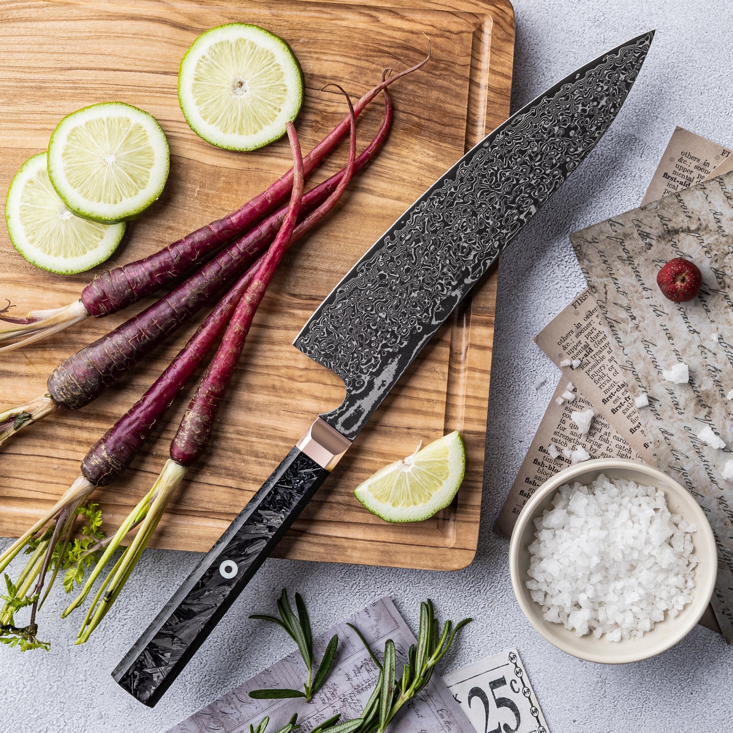 Damascus Chef's knife on a wooden cutting board with vegetables and spices