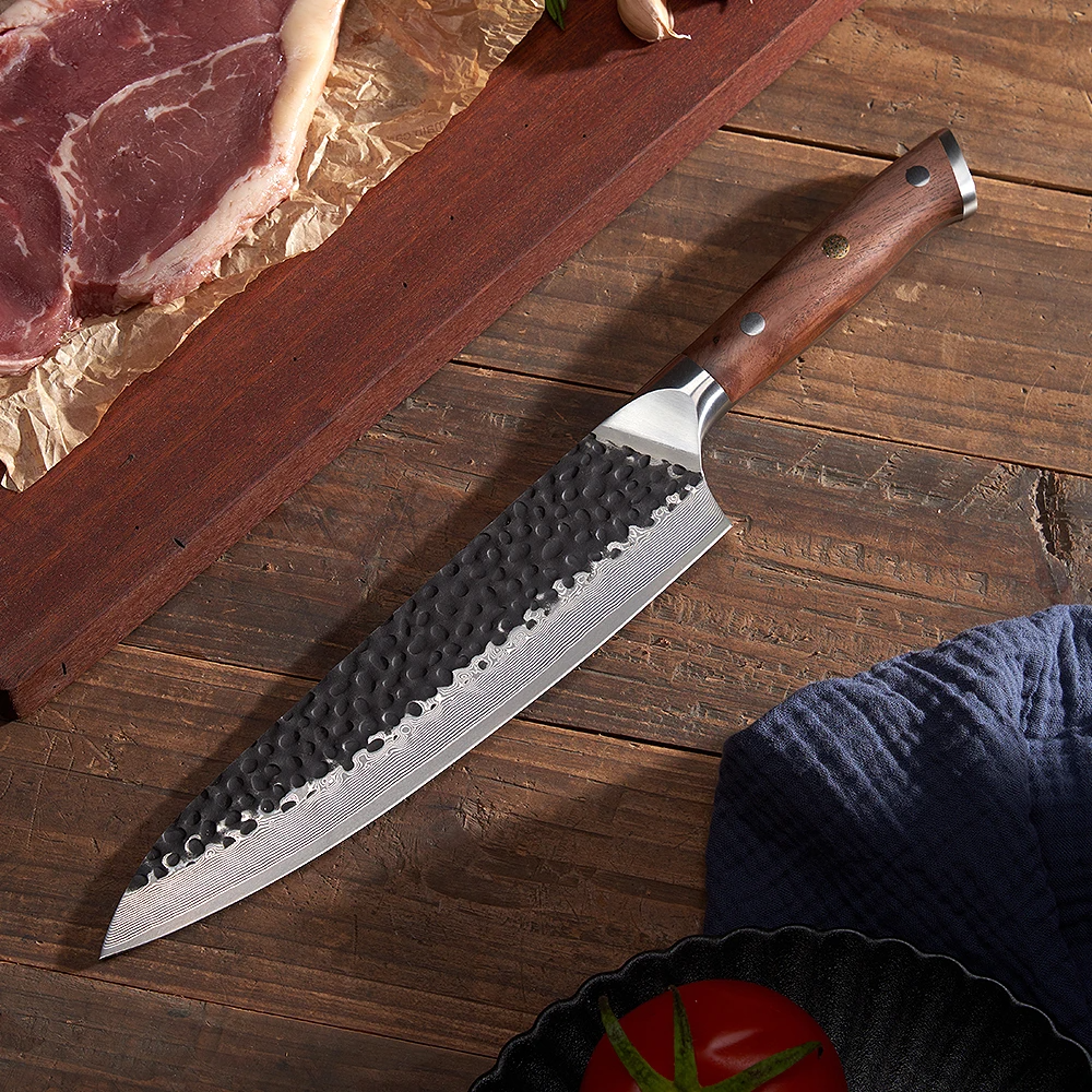 Kitchen Knife, Hikari - Japanese Style Premium Hammered Damascus Culinary Knife, Walnut Handle - Hikari