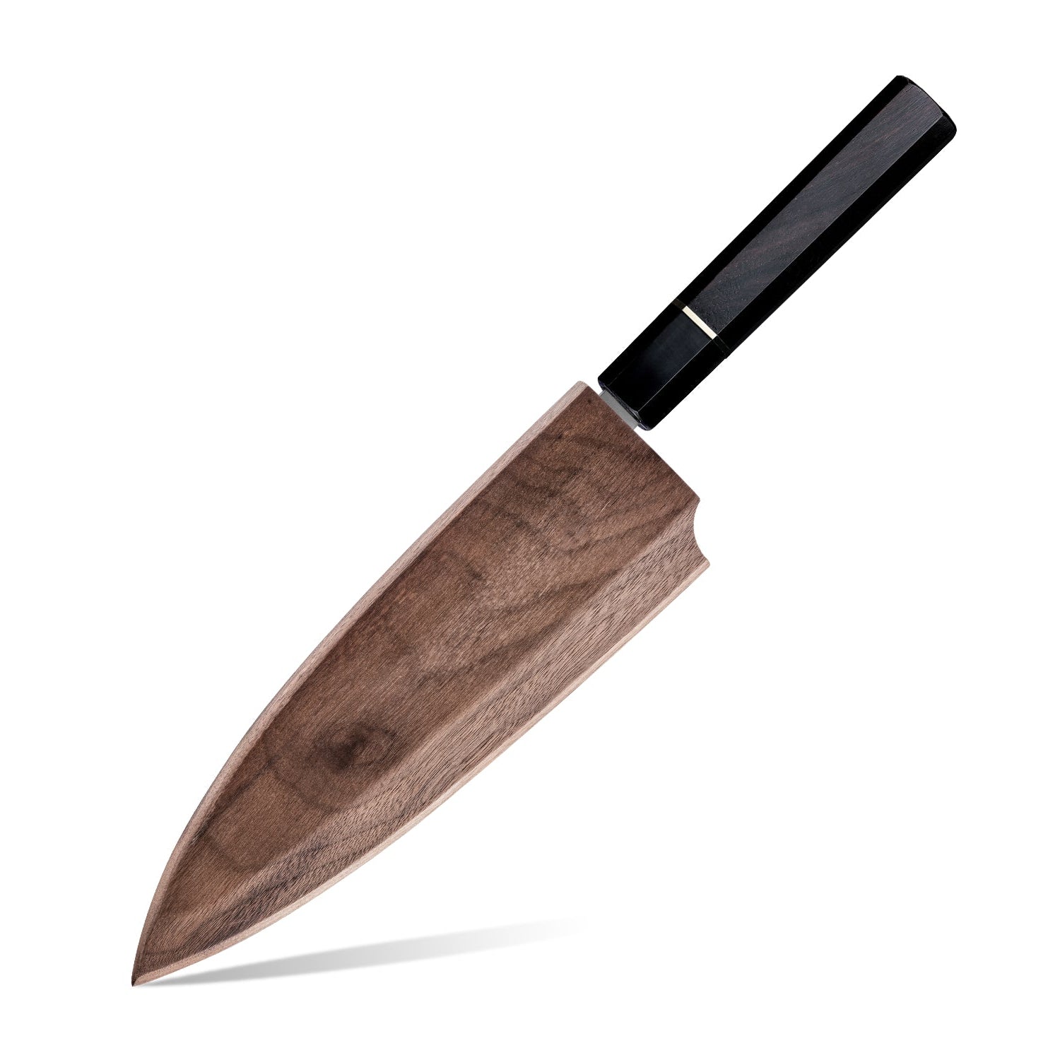 Professional knife with carbon steel with a black handle on a white background