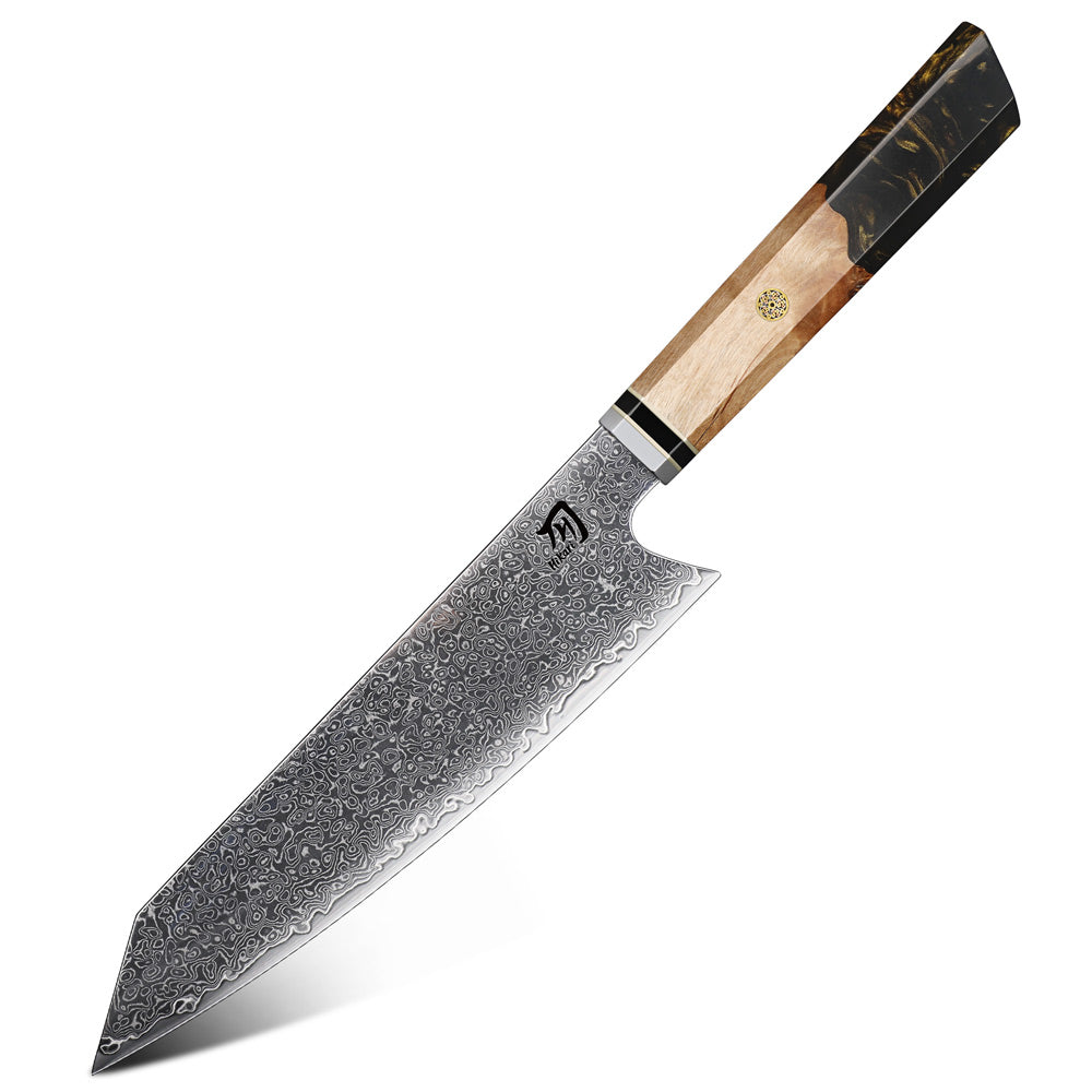 Japanese chef's knife with a wooden handle on a white background