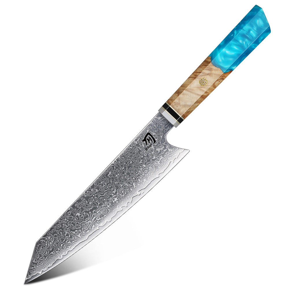 Chef's knife with a blue handle on a white background