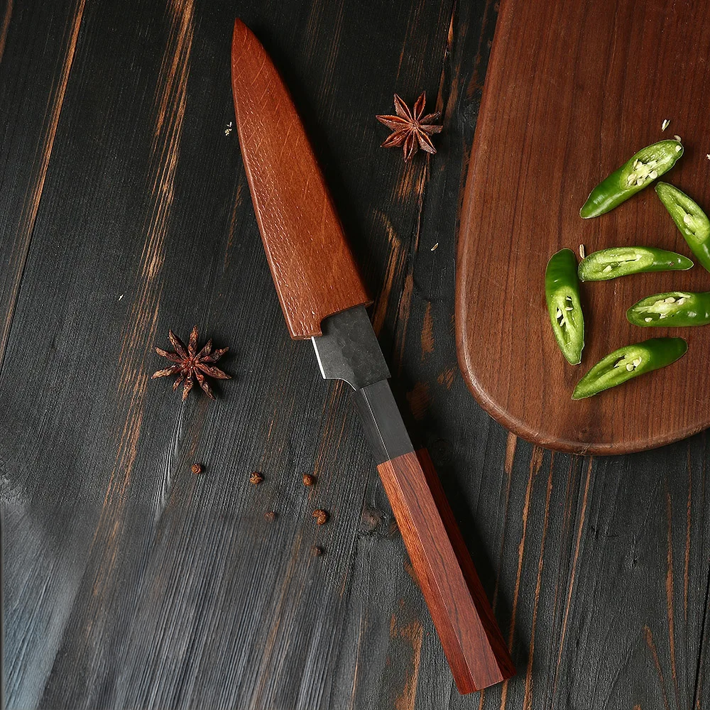 Petty Knife – High Carbon Steel Blade, Hammered Finish, Mahogany Wood Handle for Precision Cutting - Hikari
