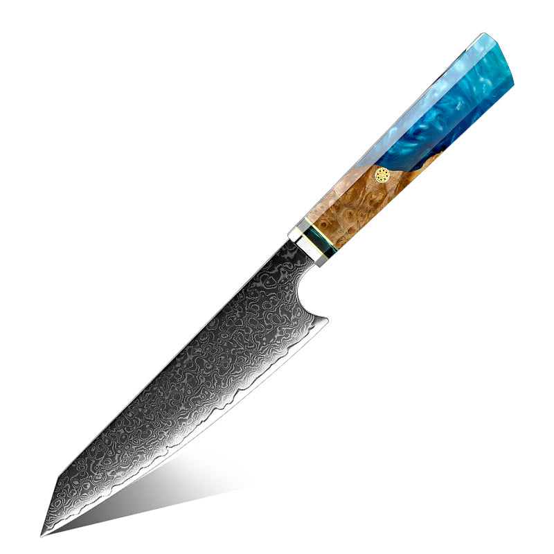 Small japanese knife with a blue handle on a white background