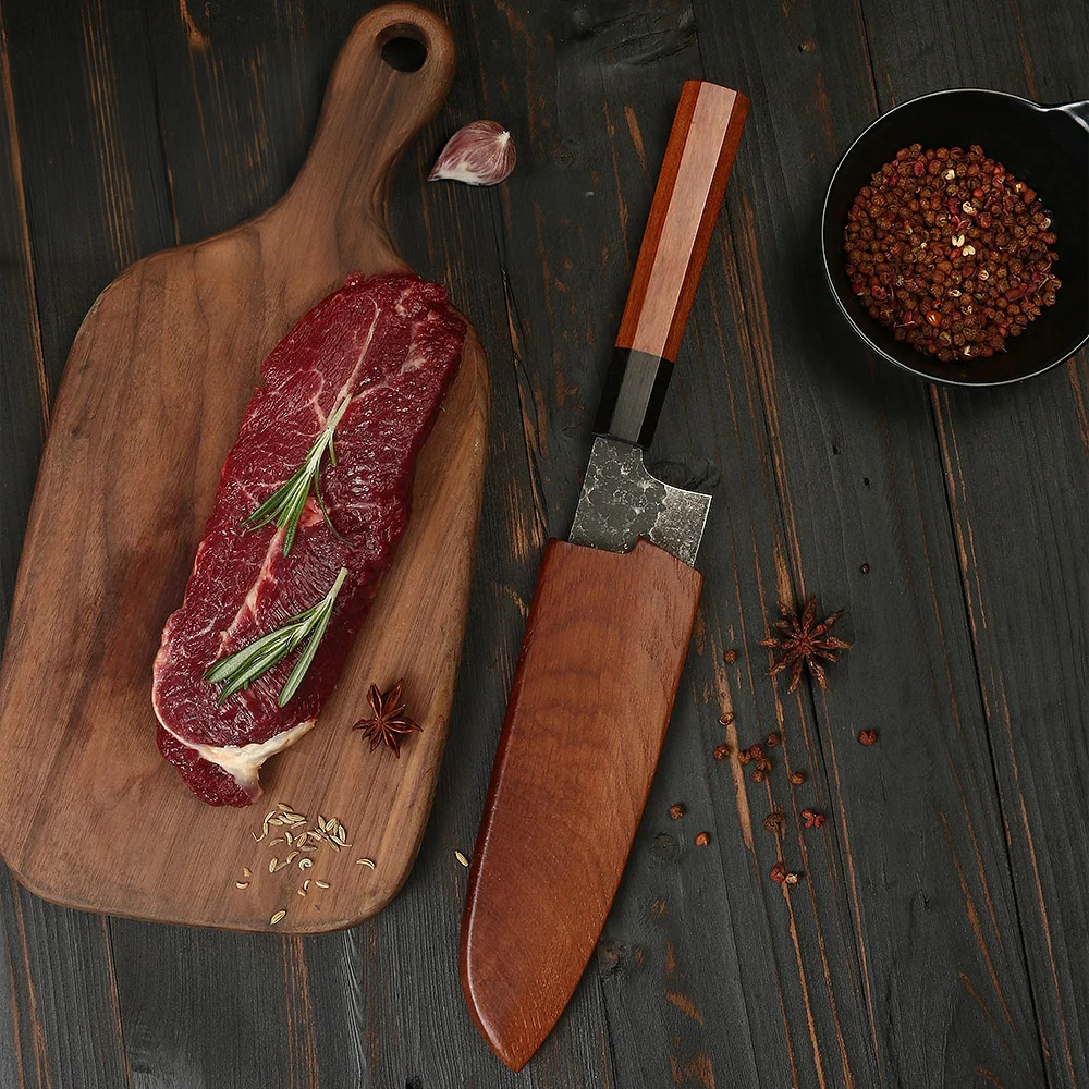 Versatile and Sharp Santoku Knife – Durable High Carbon Steel Blade with Hammered Finish and Mahogany Handle - Hikari