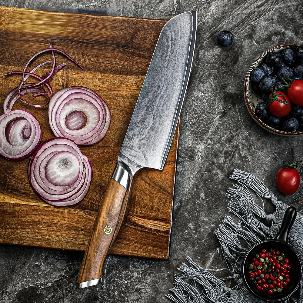 Professional Santoku Knife, Hikari – VG-10 Steel Blade, Olive Wood Handle, for Slicing and Dicing - Hikari